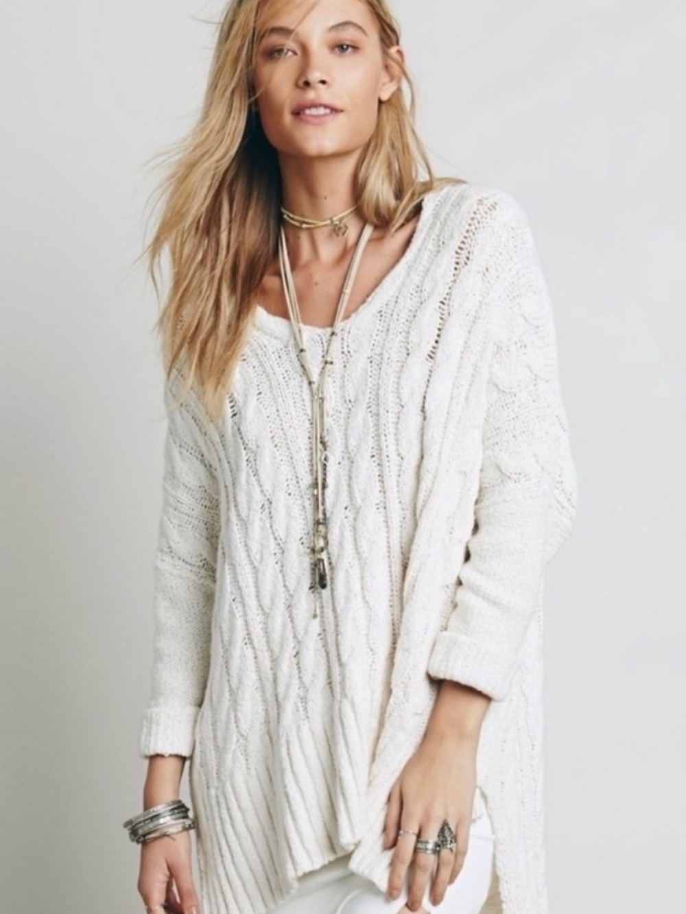 Free People Ivory Cable V-Neck Sweater sz SP